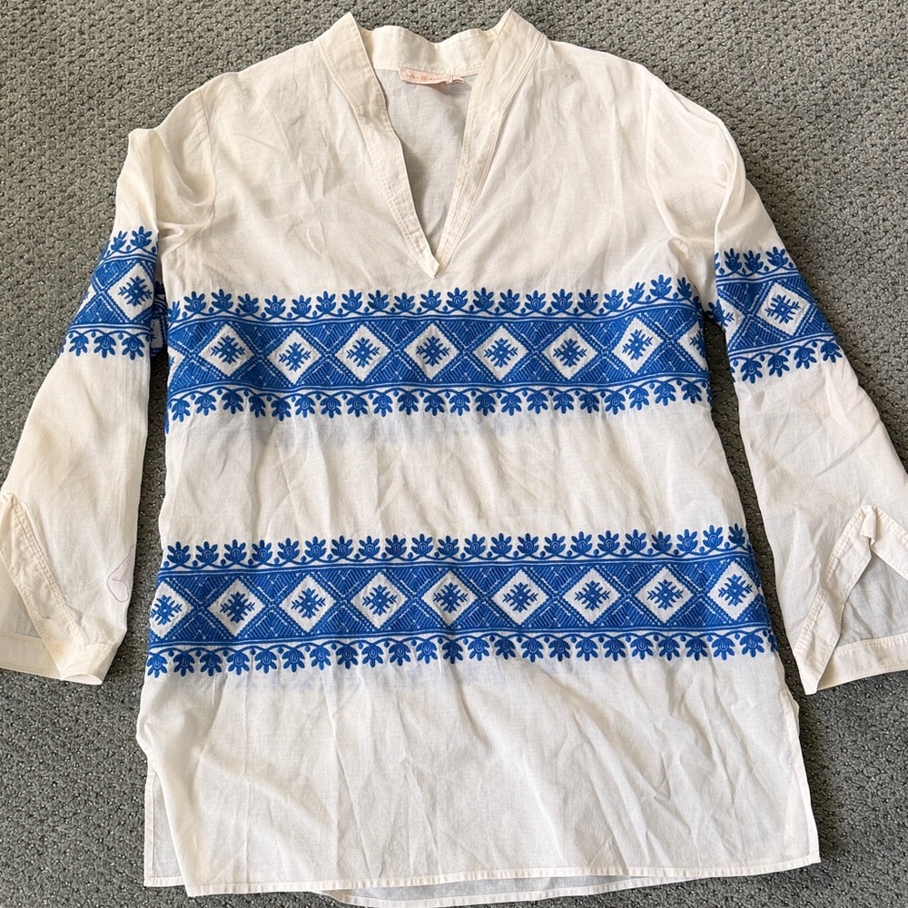 Tory Burch White & Blue Embroidered Cotton Tunic | Size L